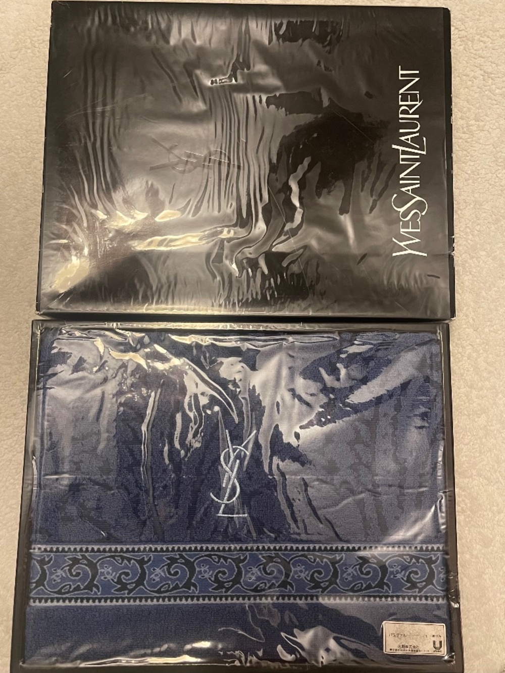 YVES SAINT LAURENT Vintage Bath Towel YL-RB01 NWT Blue Jacquard Luxury Cotto